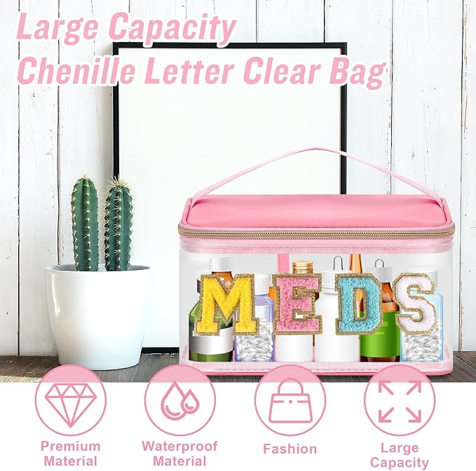 Clear Patch Letter Bag Medicine Drugs Pouch with Handle, Travel Chenille Letter Makeup Cosmetic Bag for Women Girls, Waterproof Nylon PVC Zipper Toiletry Meds Storage Case Stadium Bag(Pink, MEDS)