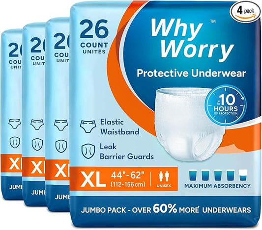 WhyWorry Incontinence Underwear for Women & Men, XLarge, 104 Count | Disposable Adult Pull Ups with Maximum Absorbency, Leakproof Adult Diaper Pants, Overnight Protection, Odor Control, Unisex