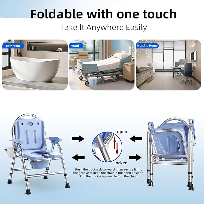 4 in 1 Folding Bedside Commode Chair for Elderly with Arms and Back,Adjustable Height Raised Toilet Seat with Handles,Adults Potty Chair for Seniors,Disabled,Holds Up to 350 lbs (ABS Plastic Seat)