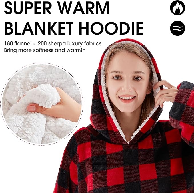JOYWOO Wearable Blanket Hoodie,Oversized Cat Lovers Sweatshirt Blanket for Adult,Christmas Gifts for Women,Mom,Friend,Cozy Sherpa Hooded Blanket with Giant Pocket and Winter Gifts,Red Checkered