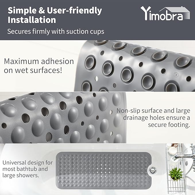 Yimobra Non Slip Bathtub Mat 40 x 16 Inch, Extra Long Shower Mat with Drain Holes, Machine Washable Baby Bath Mats, Strong Suction Cups for Bathroom Floor, Grey
