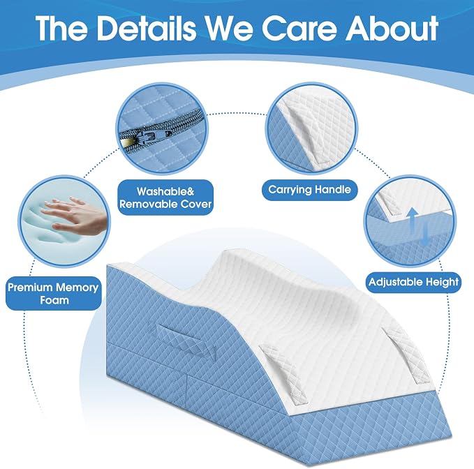 TranquilRelax Elevation Pillows for Leg After Surgery, Memory Foam Adjustable Wedge Pillow for Injury or Rest, Ankle Pillow for Sleeping Blood Circulation, Light Blue/Single Leg
