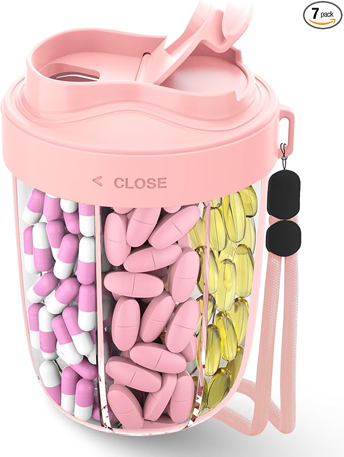 Large Pill Organizer,Supplement Organizer for 7 Different Vitamins,Pill Dispenser with Anti-Mixing Design,Easy to Retrieve Meds,Includes 20 Pcs Labels,Travel Pill Organizer(Pink)