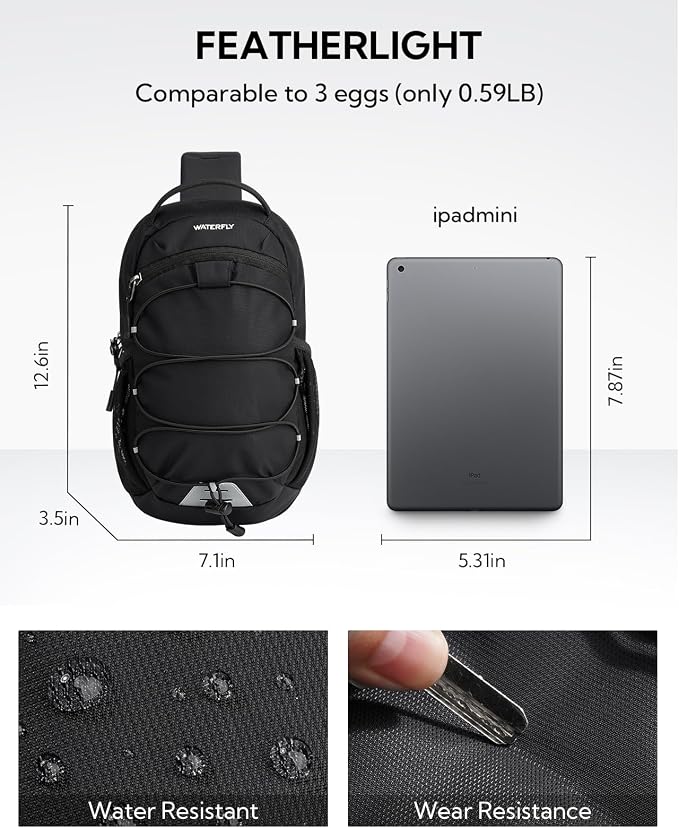 WATERFLY RFID Anti Theft Sling Bag: Small Crossbody Travel Hiking Daypacks | RFID pocket,Multi-compartment pocket,Water-resistant,Adjustable shoulder strap with card pocket,Lightweight nylon