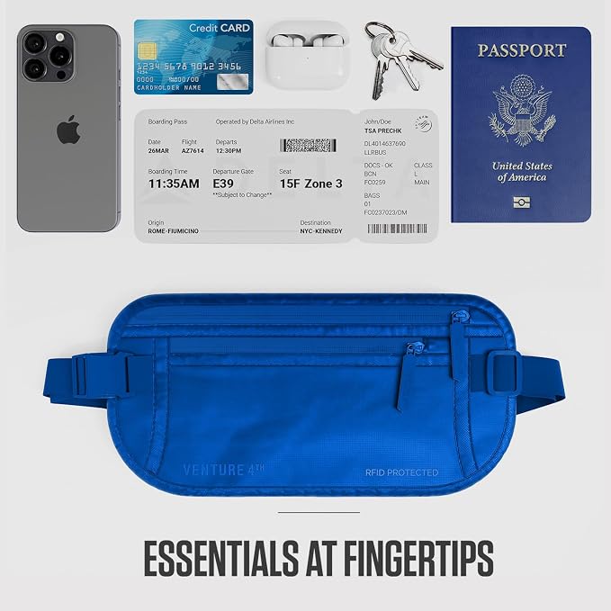 VENTURE 4TH Travel Money Belt, RFID Blocking Passport Holder - Sleek Blue