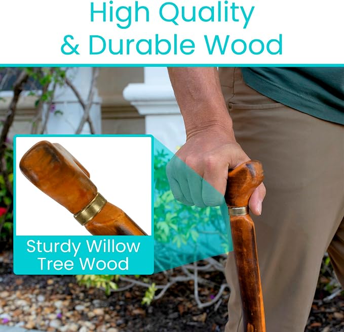 Vive Wooden Walking Stick Cane - for Men, Women, & Seniors - 36 Inch Single Point Rubber Tip with Willow Handle - Ergonomic Grip for Balance & Stability - Lightweight Elderly Assistance Product