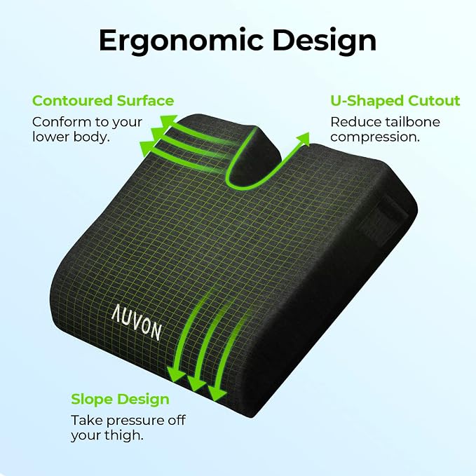 AUVON Wheelchair Seat Cushion, Thigh Slope Design for Long Sitting Comfort | Ergonomic Memory Foam Chair Cushion, U-Cutout for Sciatica & Back Relief, Waterproof Cover, Anti-Sore & Ulcer, Buckle Strap