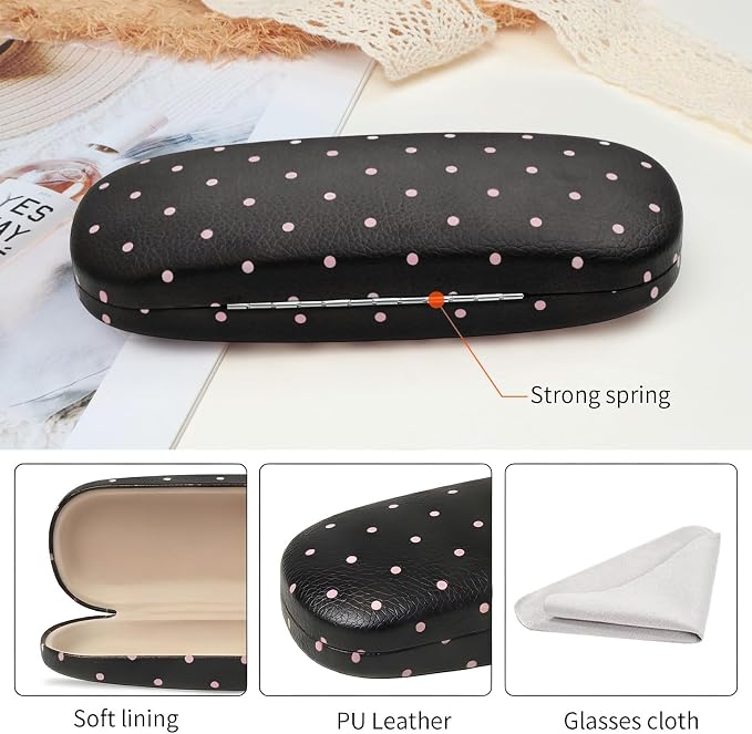 Glasses Case Hard Shell, Cute Sunglasses Case for Women Leather Protective Case for Eyeglass with Cleaning Cloth