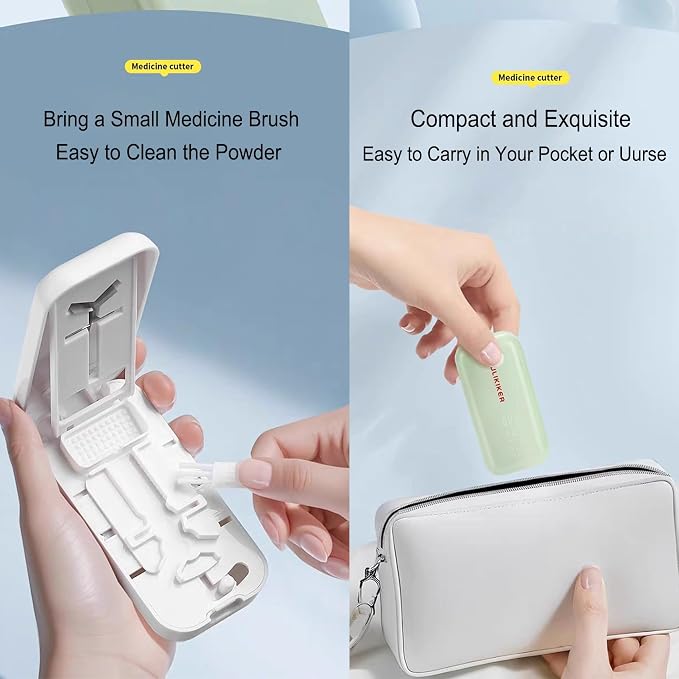 Precision Pill Cutter with Centering Guide - Multi-Angle Tablet Splitter for 1/2, 1/3 & 1/4 Cuts, Includes Pill Crusher & Storage Compartment (Green)