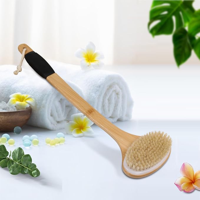OWIIZI Back Scrub Brush for Shower,Stiff Boar Bristles Bamboo Curved Long Handle Antiskid Body Bath Brush for Back Use Wet or Dry,Deep Cleanse Large Surface Back Scrubber | 17.5" Bamboo Curved Long Handle Bath Brushes,Large Surface Deep Cleanse Back Sc...