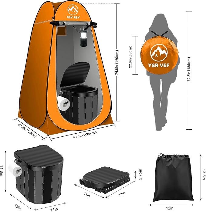 Portable Toilet Kit, Camping Toilet with Pop-Up Privacy Tent and Poo Gel Toilet Bags, Washable Portable Outdoor Showers Changing Rooms