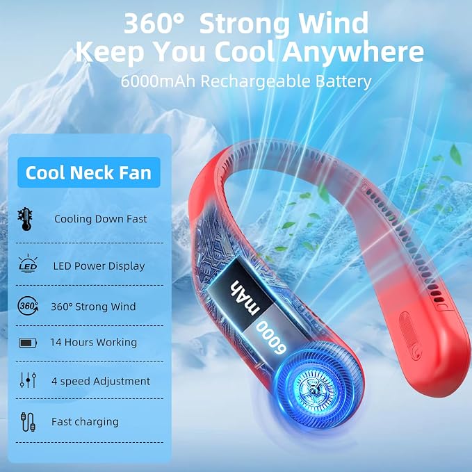 Portable Neck Fan, Personal Wearable Bladeless Fan, 6000mAh USB Rechargeable, 360° Airflow, LED Display, 4-Speeds, Hands Free Fan for Outdoor Indoor, Birthday Gifts for Men Women Dad Mom (Red)