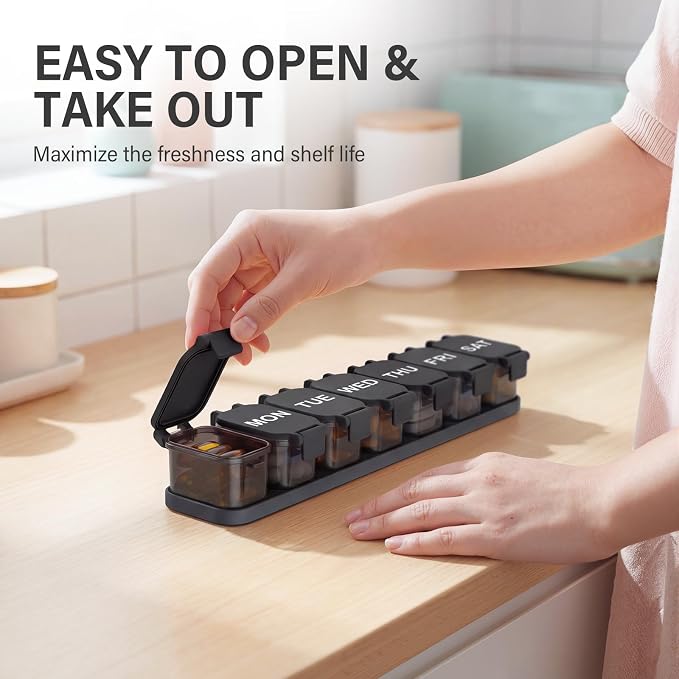 Yaklim Extra Large Weekly Pill Organizer - Waterproof 7-Day Pill Box, Portable Vitamin & Supplement Case, Easy to Open Design, Ideal for Travel and Daily Medication Management (Black)