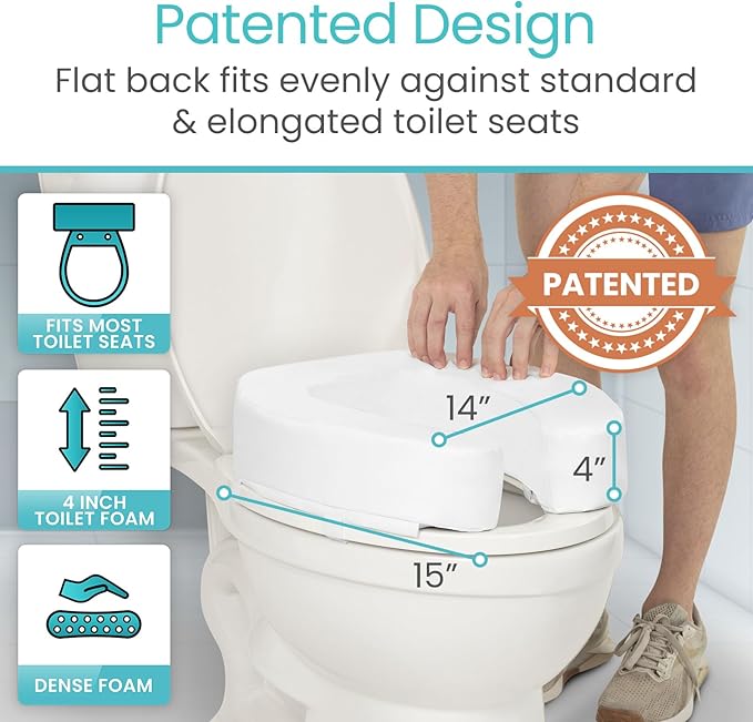 Vive Toilet Seat Riser Cushion for Seniors - Fits All Toilet Seats | Raised Toilet Seat with High-Density Foam for Elongated & Standard - Cushioned & Padded - Elevated Medical Handicap Lifter