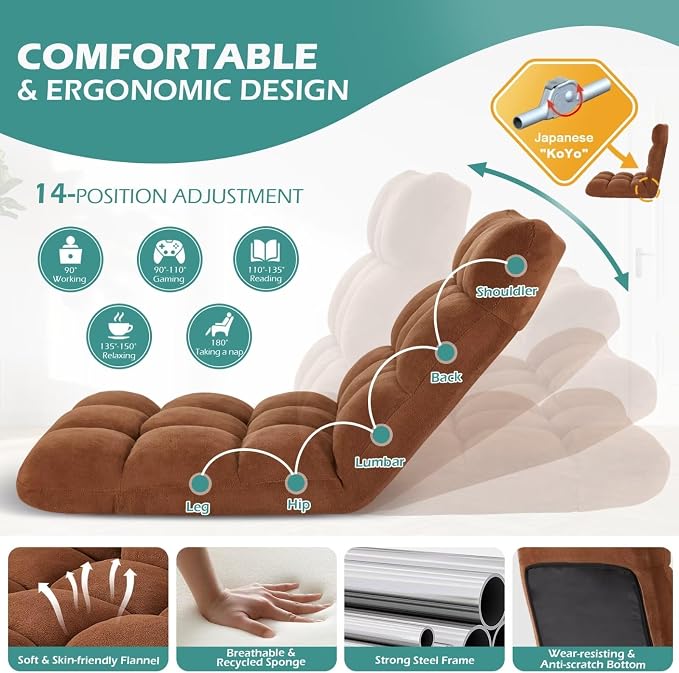 Folding Floor Gaming Chair 14-Poistion Cushioned Adjustable Floor Lazy Sofa Chair w/Breathable Cotton & Skin-Friendly Flannel for Adults & Kids Perfect for Reading Gaming Meditating, Brown