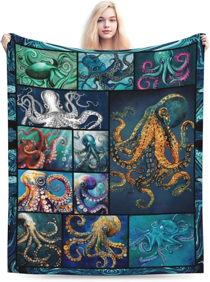 Ocean Octopus Blanket Soft Octopus Flannel Fleece Blanket Cozy Warm Nautical Octopus Stuff Decor Bedding Plush Throw Blanket Octopus Gifts for Lovers Girls Boys Kids Women Adults Bed Travel 60"x80"