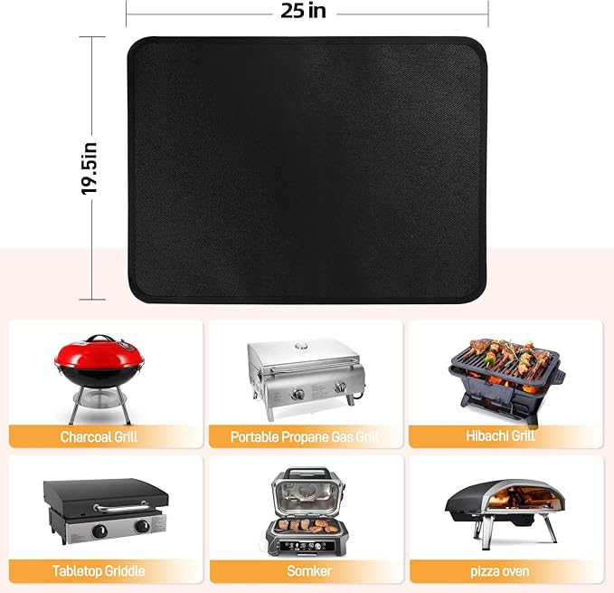 Heat Resistant Mats for Countertop fits Tabletop Grill, 25x19x0.04in, Black | 1022℉ Fireproof grill mat for countertop/table protection, fits gas/charcoal grills, pizza ovens, fits Blackstone & Ninja