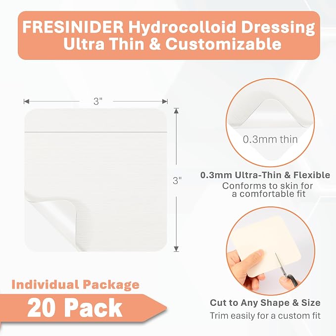 FRESINIDER Hydrocolloid Wound Dressing 3" x 3" – 20 Pack Ultra Thin Self-Adhesive Bandages for Wound Care, Bed Sores, Acne, Blisters – Waterproof & Absorbent Hydrocolloid Patches for Faster Healing