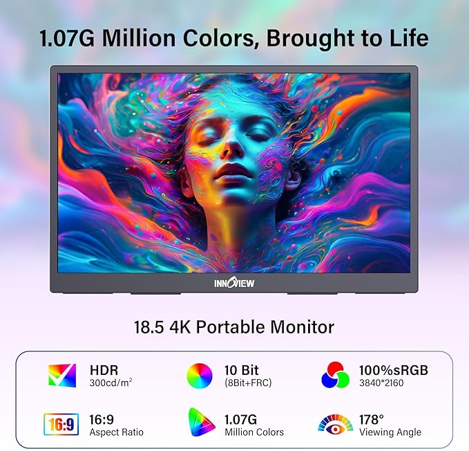 InnoView 4K Portable Monitor 18.5" 3840x2160 UHD USB-C HDMI for Laptop, 10Bit IPS Computer Gaming Display HDR Travel Monitor with W/180°Adjustable Stand for Desktop Mac Phones Tablet PS5/4 Switch