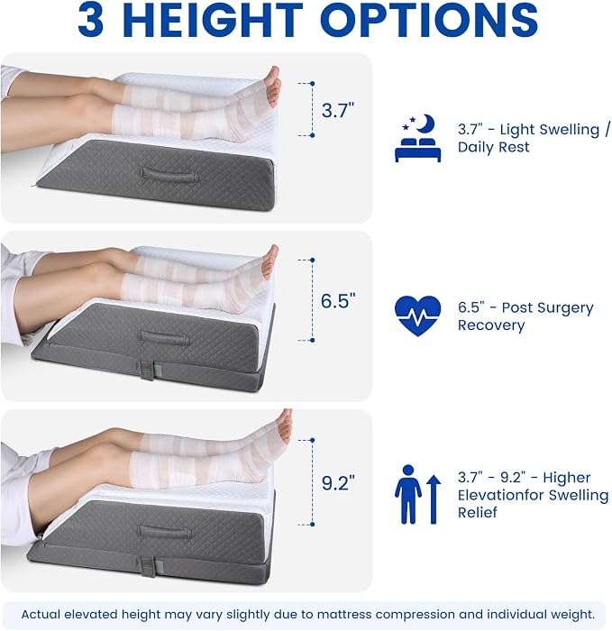 Cooling Leg Elevation Pillow, 3-Height Adjustable Leg Rest Support | Cooling fabric wedge pillow for both legs, knees & ankles, with memory foam comfort for post-surgery rest and swelling relief