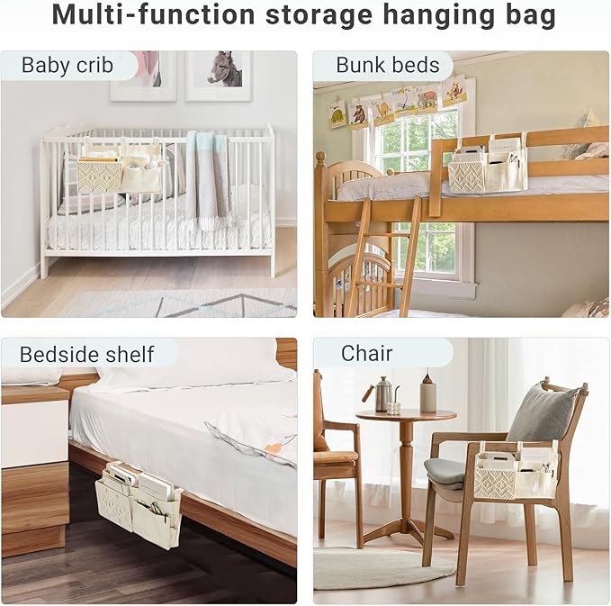 Mkono Bedside Caddy, Macrame Bunk Bed Hanging Organizer, 7 Pockets Ivory | Dorm Room Essentials, Boho Storage Bag, Remote Books Magazines Phone Snacks Drinks Holder, Bedroom Nursery Loft Baby Bed Rail