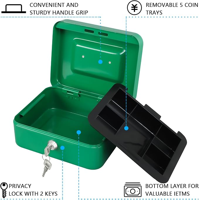 KYODOLED Medium Cash Box with Money Tray,Small Safe Lock Box with Key,Cash Drawer,7.87"x 6.30"x 3.54" Green Medium