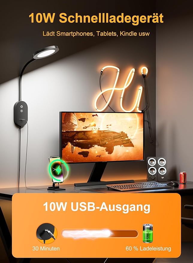 Wall Mounted Reading Light, Book Light for Wall Bed Lamp with 10W USB Output Fast, 4 Hour Auto Off，Eye Caring Reading Lamps with CRI 95 Infinite Dimmable 360° Gooseneck Headboard Light Black