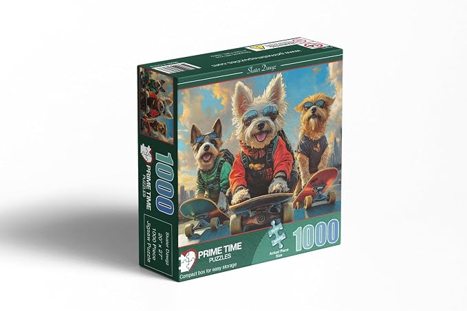 Adult Jigsaw Puzzle Dogs on Skateboards 1000 Piece | Finished size is 20x27 inches. Features a funny, vibrant city scene designed to challenge and entertain puzzle lovers.