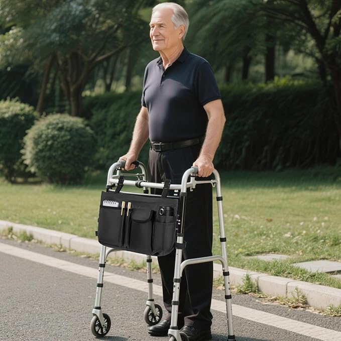 ANILD Walker Bag Basket with Cup Holder, Foldable Walker Bag for Folding Walker Accessories for Seniors Elderly, Walker Storage Bag with Large Capacity