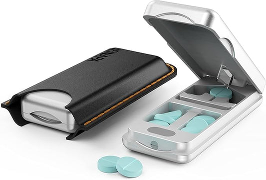 Aluminum Pill Splitter Cutter with Auto Centering Device, 316L Stainless Blade, Genuine Leather Case, Professional Pill Splitter for Cutting Small or Large Pills (Silver)