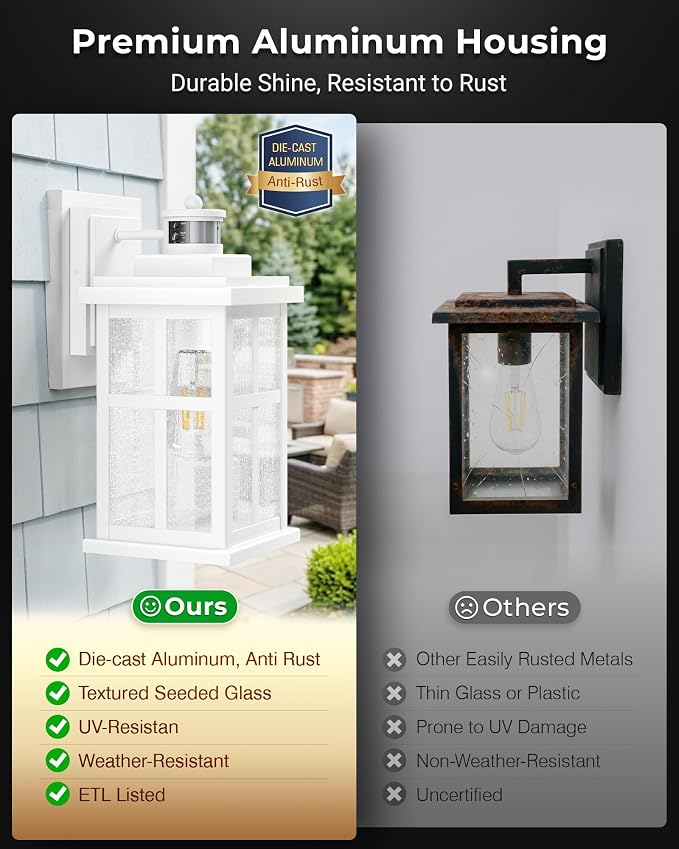 VIANIS Large White Outdoor Lights for House, Modern Exterior Light Fixtures | Outdoor Motion Sensor Light Wall Mount, 100% Aluminum Waterproof Outdoor Wall Sconce Lantern for Garage, Textured Seed Glass