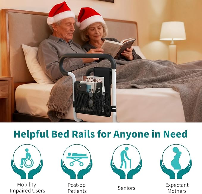 Bed Rails for Elderly Adults Safety, Adjustable Bed Assist Rail for Seniors, Bed Safety Rail with 2 Storage Bag and Fixing Strap, Fit King, Queen, Full, Twin, Supports 300 lbs