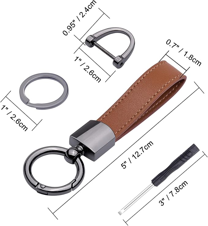 Wisdompro Genuine Leather Car Keychain, Universal Key Fob Keychain | Leather Car FOB Key Chain Holder for Men and Women, 360 Degree Rotatable, with Anti-lost D-ring and 3 Keyrings