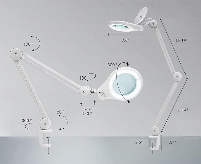 Neatfi (New Model Bifocals 1,200 Lumens Super LED Magnifying Lamp with Clamp, Dimmable, 5 Inches Diameter Lens, Adjustable Arm Utility Clamp (8 Diopter + 20 Diopter, White)