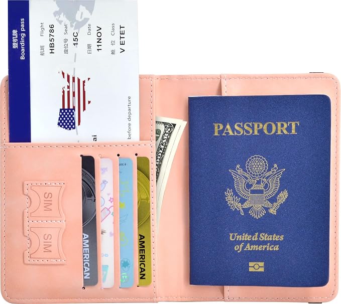 Passport Holder, Passport Cover with Credit Card Slot and Boarding Pass Slot Combo, Passport Wallet Case Book Travel Must Have, RFID Blocking Leather Travel Accessories, Pink