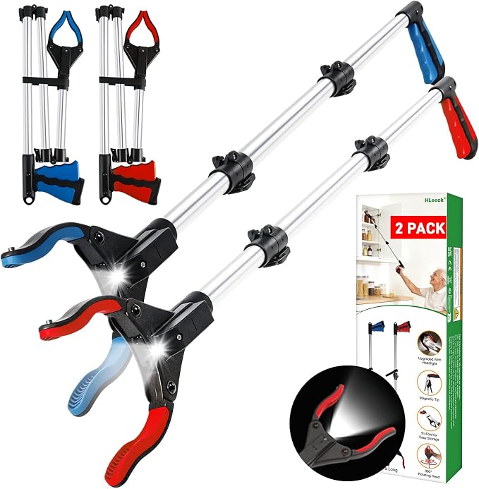 2-Pack Grabber Reacher Tool, 44" Extra Long Foldable Reacher Grabber Pickup Tool with Light, Heavy Duty Trash Picker Upper Grabber, 360° Rotating Jaw & Magnet, Lightweight Grabbers for Seniors