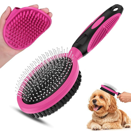 2PCS Pet Grooming Tools - Double-Sided Brush for Shedding and Bathing, Suitable for Short/Long Haired Dogs Cats and Horses, Deshedding Dog Brush, Mane & Tail Combs for Horses - Pet Supplies (Pink)