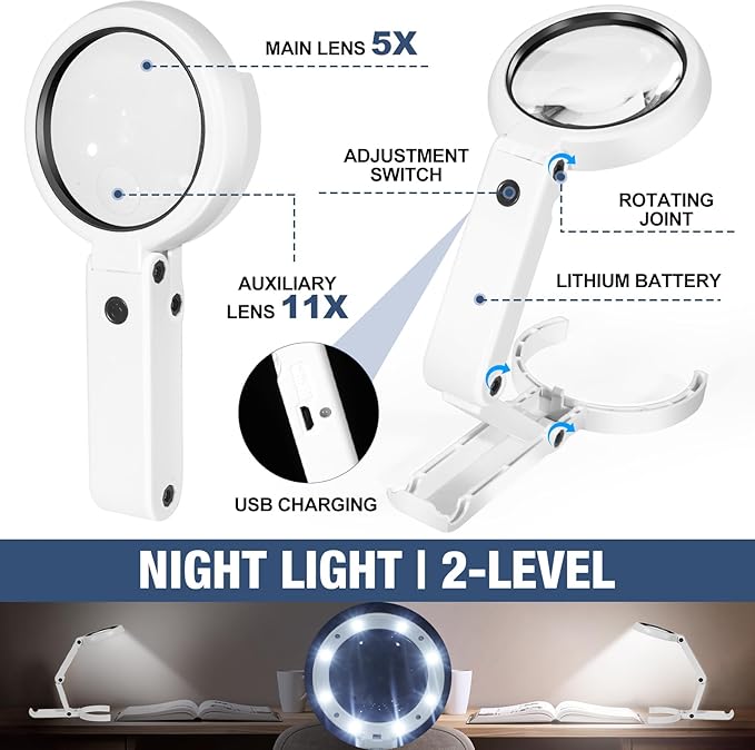 Upgraded Rechargeable Magnifying Glass with Light and Stand, Foldable Handheld & Hands-Free Magnifying Glass 2 Level Dimmable Large Magnifier for Seniors Reading, Close Work, Coins, Jewelry
