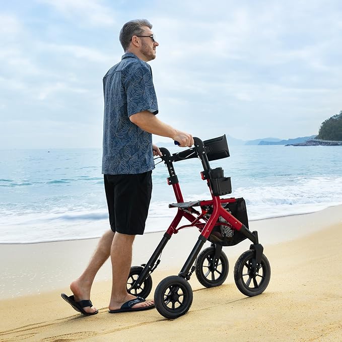 Rollator Walker with Seat, Tall Walkers for Seniors, 12" Big Rubber Wheels All Terrain Rollator Walker with Backrest, Built-in Cable, Foldable and Dual Adjustable Height for 5.3-7ft, Red