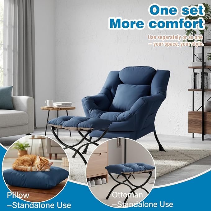 Lazy Chair with Ottoman, Comfy Reading Chair for Bedroom, Blue | Comfy Bedroom Accent Chair with Washable Removable Cover and extra throw pillow for Living Room Dorm
