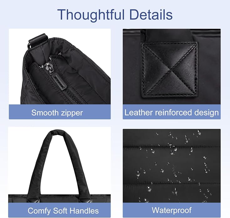 Puffer Tote Bag for Women Quilted Nurse Bag Lightweight Work Bag for Teacher Travel Handbag with Multiple Pockets