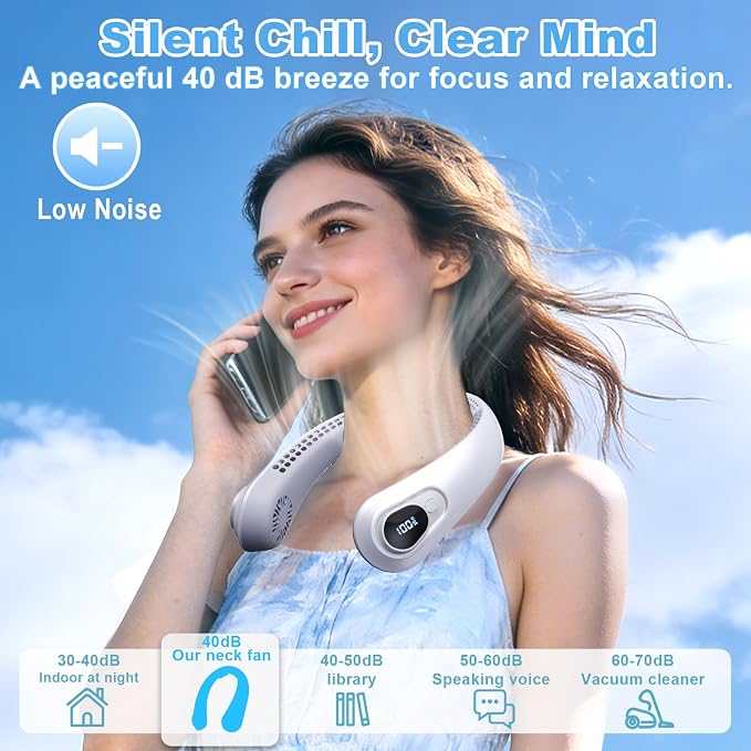 Portable Neck Fan Rechargeable - [with LED Display] 5 Speeds, 5000 mAh Battery Operated Wearable Personal Cooling Bladeless Fan for Outdoor Travel, Gifts for Men Women Kids,Gray