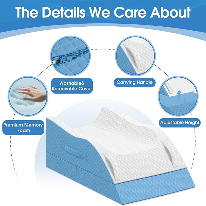 TranquilRelax Elevation Pillows for Leg After Surgery, Memory Foam Adjustable Wedge Pillow for Injury or Rest, Ankle Pillow for Sleeping Blood Circulation, Light Blue/Double Leg