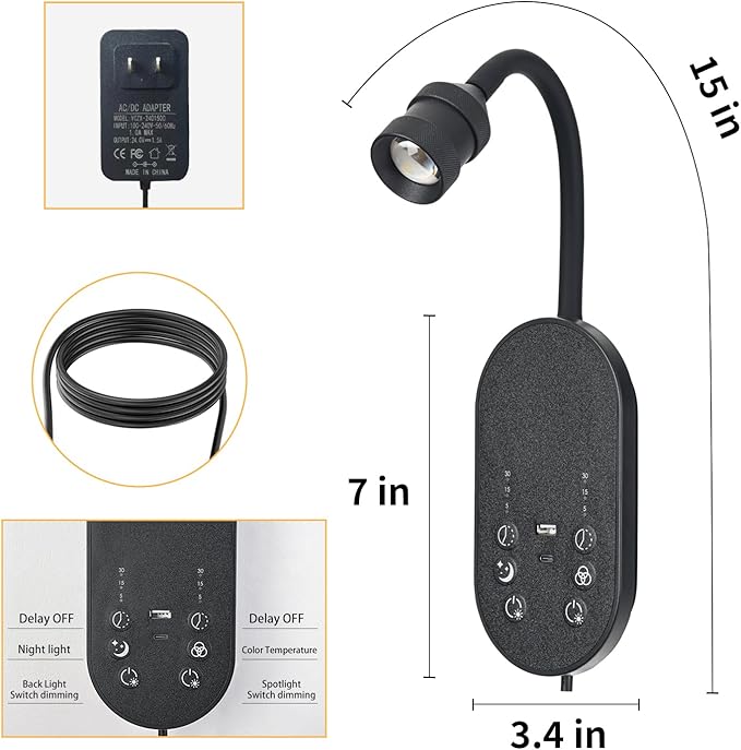 Wall Reading Light, LED Book Lights for Reading at Night, Wall Lamp with 3 Color Temperature & Timers, Adjustable Gooseneck Headboard Plug in Wall Sconce with USB C+A Ports