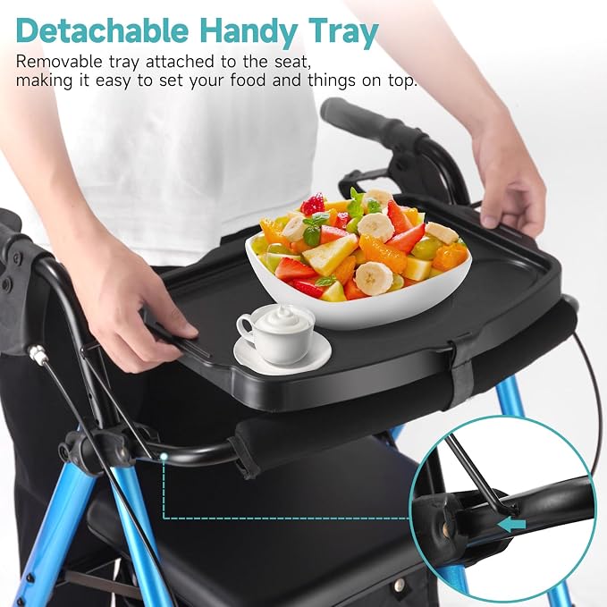 Foldable Rollator Walker for Seniors with Seat,4 Wheel Rolling Walkers | 300lbs walker with tray for Adults & Mobility Impaired|8" Airless Tires|Anti-tip brakes|Adjustable height|Tool-Free Assembly