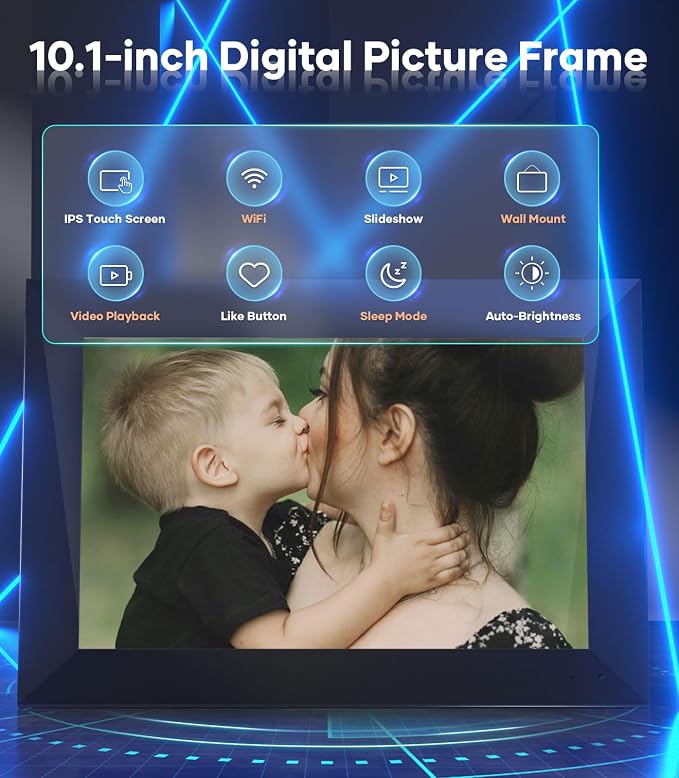 Cozyla Digital Picture Frame, 10.1'' HD Touchscreen Display with No Subscription, Free Unlimited Storage, Share Photo＆Video via Apps, Auto-Rotate WiFi Electronic Photo Frame for Gifting Black