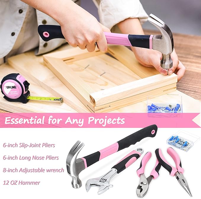 TOPLINE 208-Piece Pink Tool Kits for Women with Round Pouch, Small Tools Kit for Apartment, Home, Household Ladies Pink Tool Set for Best Gifts and Home Maintenance