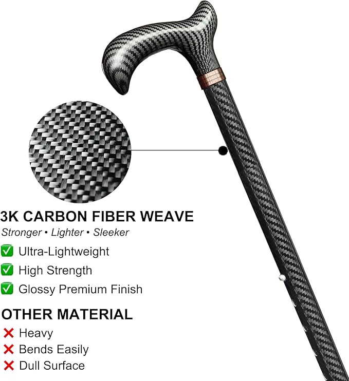 Adjustable Walking Cane for Men & Women - Lightweight Carbon Fiber Cane, Premium Walking Stick for Seniors with Quad & Single Rubber Tips, Ergonomic Handle & Wrist Strap