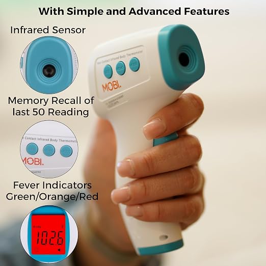 MOBI No Touch Forehead Thermometer for Baby, Kids & Adults, Fast 1-Second Digital Infrared Thermometer, Fever Indicator, Silent Mode, Touchless with Object & Room Mode