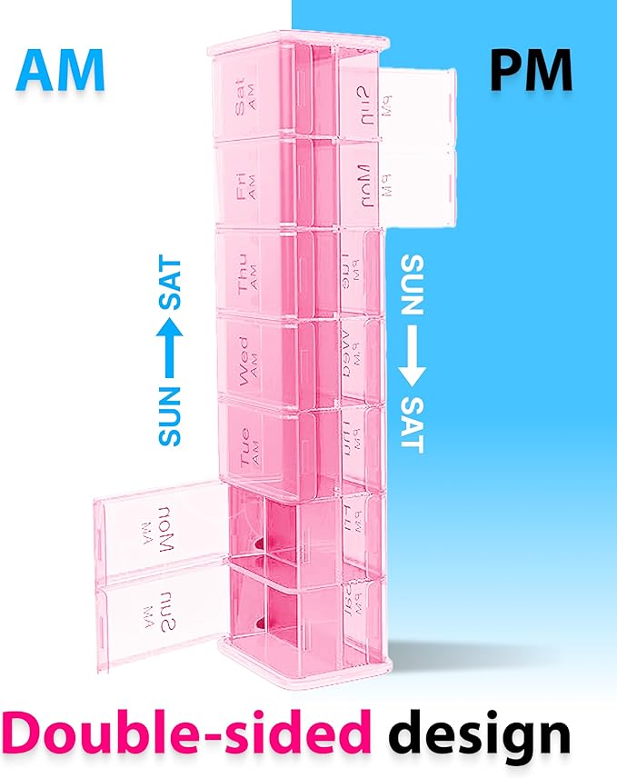 Extra Large Pill Organizer - XXL Vitamin Holder for Weekly Supplements - Double Sided Pill Box 7 Day with Big AM PM Compartments Huge Daily Medicine Dispenser 2 Times a Day Reliable and Easy-to-Use